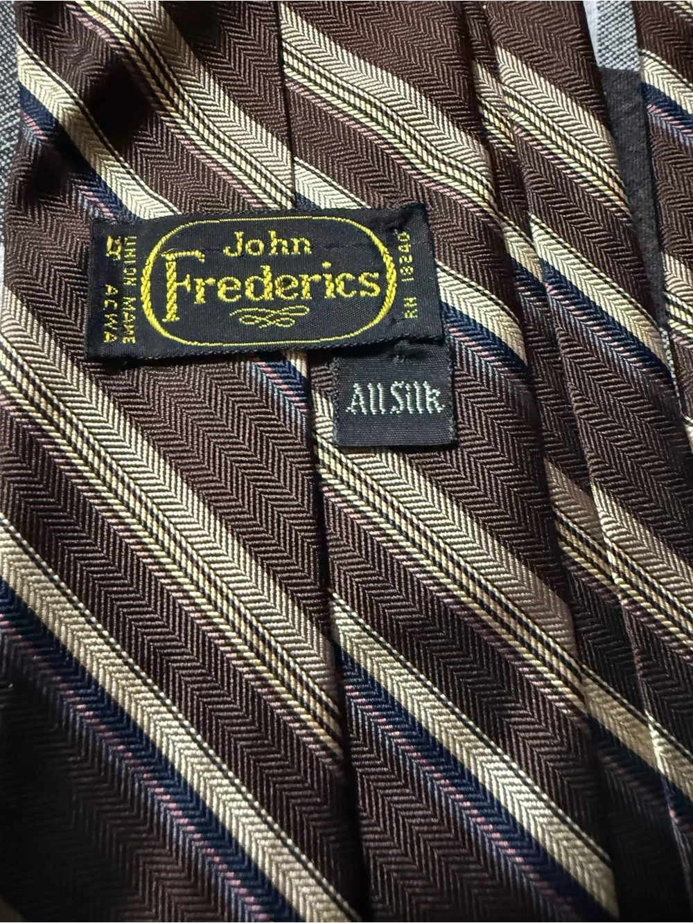 Men's Brown Striped Tie with Cream and Purple Accents
